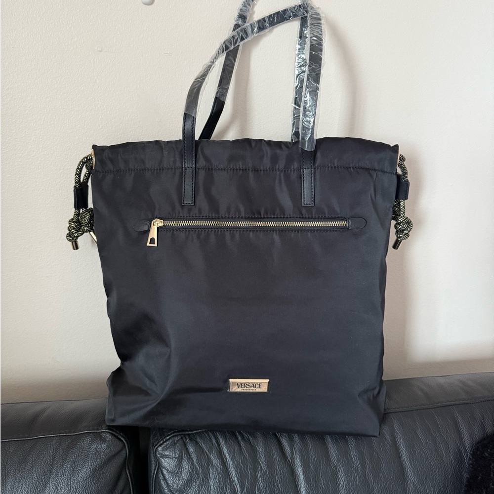Versace Black Nylon Tote with Gold-Tone Plaque